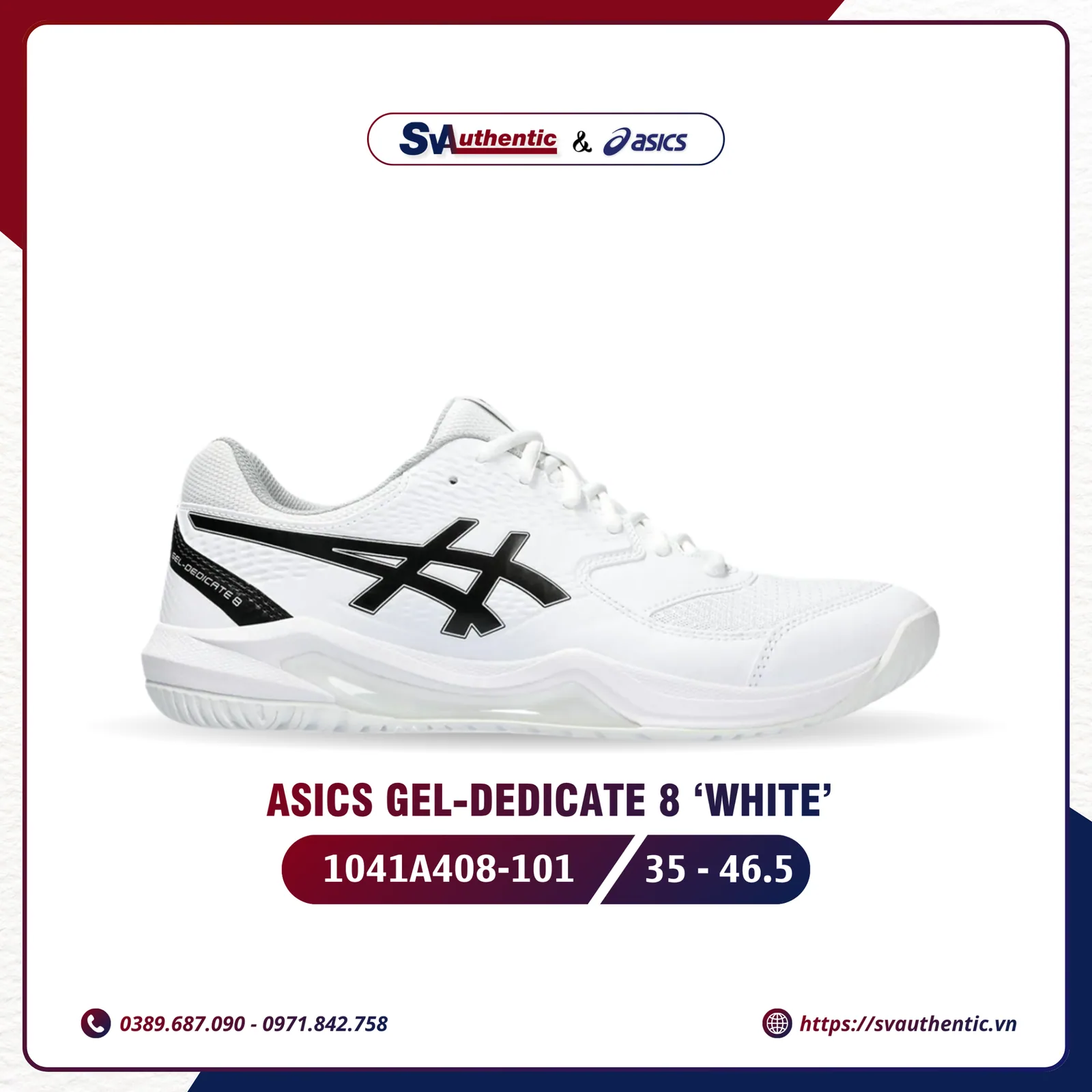 Giày Tennis Pickleball Nam ASICS Gel-Dedicate 8 White / Black (1041A408-101)