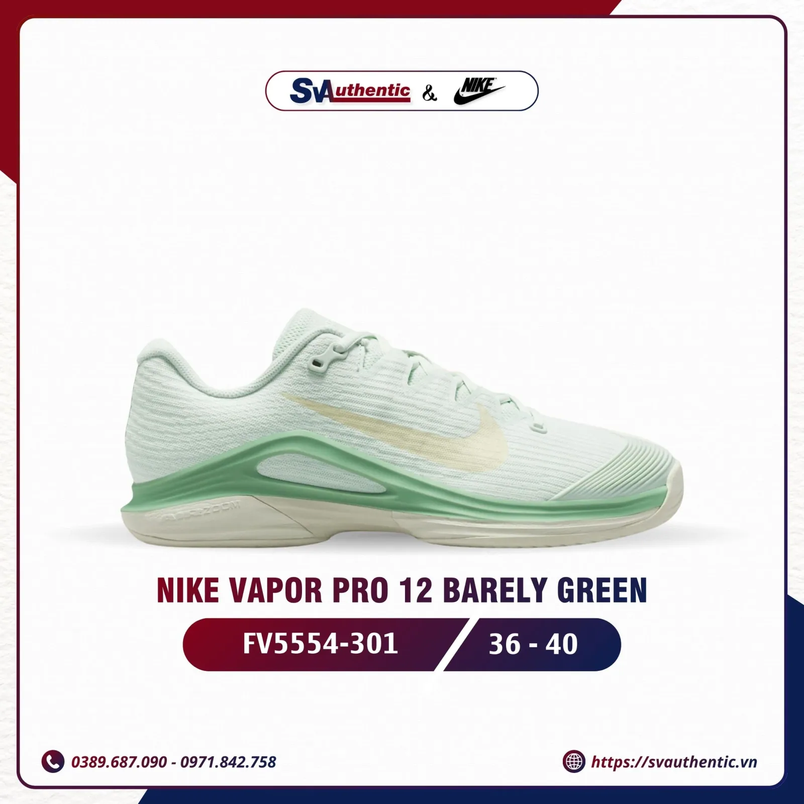 Giày Tennis Pickleball Nữ NIKE Vapor Pro 12 Barely Green (FV5554-301)